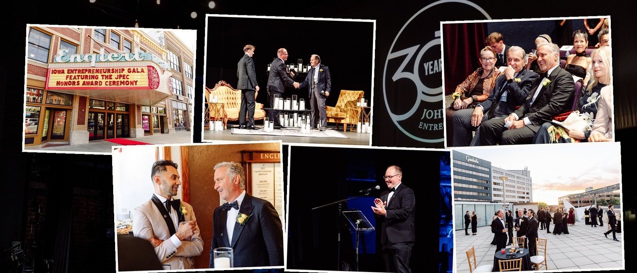 Photo collage from the inaugural Iowa Entrepreneurship Gala over a dark stage backdrop showing the Iowa JPEC 30 Years logo. Six images: the Englert Theatre marquee reading “Iowa Entrepreneurship Gala featuring the JPEC Honors Award Ceremony,” an onstage award handshake, honorees seated and laughing in the audience, two honorees talking in tuxedos, the emcee speaking at a podium, and guests at the rooftop after-party.