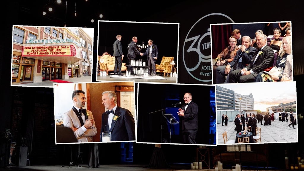 Photo collage from the inaugural Iowa Entrepreneurship Gala over a dark stage backdrop showing the Iowa JPEC 30 Years logo. Six images: the Englert Theatre marquee reading “Iowa Entrepreneurship Gala featuring the JPEC Honors Award Ceremony,” an onstage award handshake, honorees seated and laughing in the audience, two honorees talking in tuxedos, the emcee speaking at a podium, and guests at the rooftop after-party.